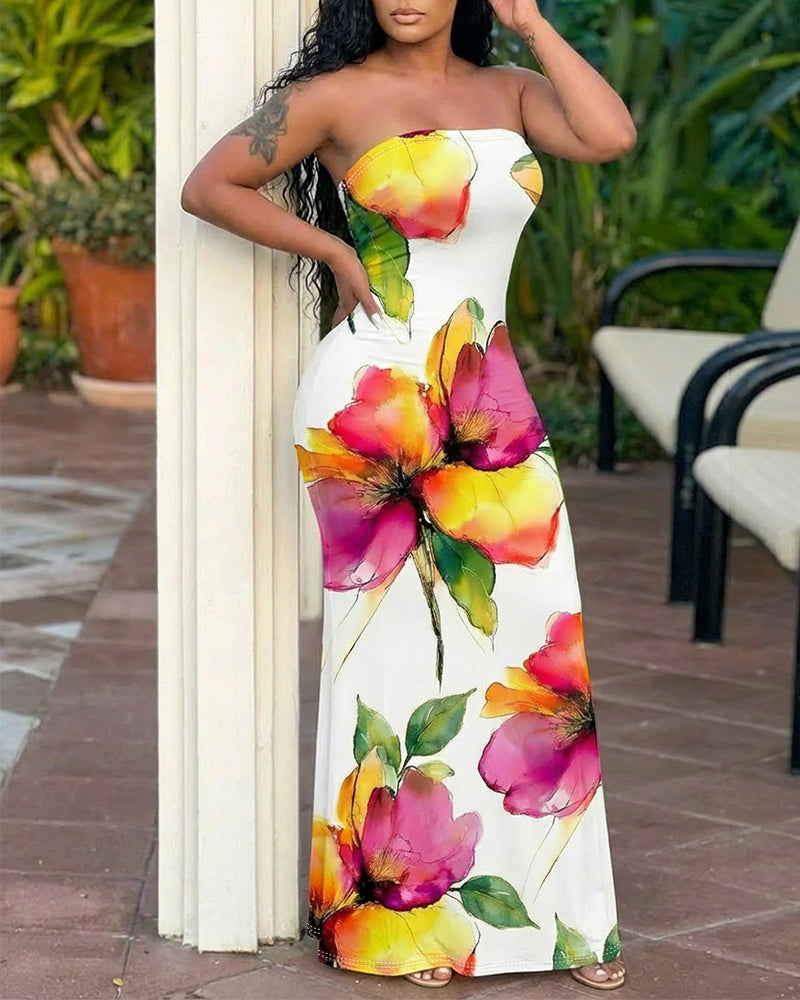 Watercolor Floral Print Slim Fit Stretchy Maxi Dress Chic Tube Dress - Image 3