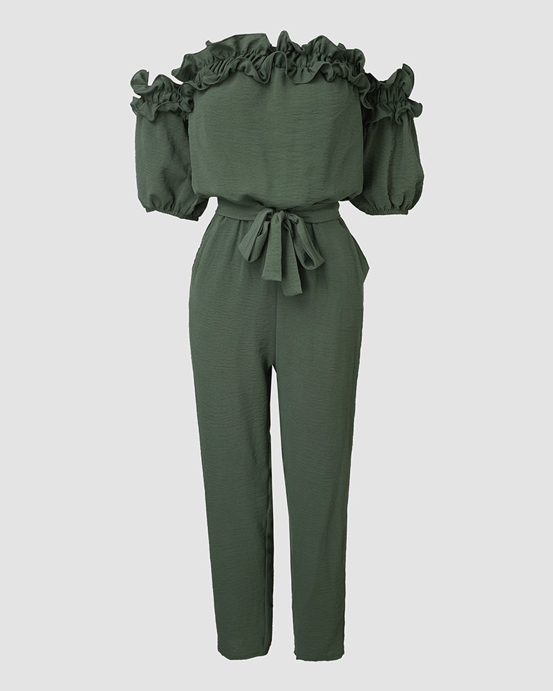 Frill Trim Off Shoulder Short Sleeve Tie Waist Overalls Casual Textured Jumpsuit - Image 18