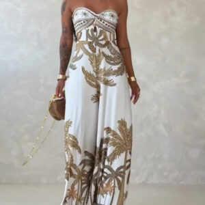 Palm Tree Print Bandeau Twist Front Backless Tie Back Overalls Casual Hollow-out Front Wide Leg Jumpsuit