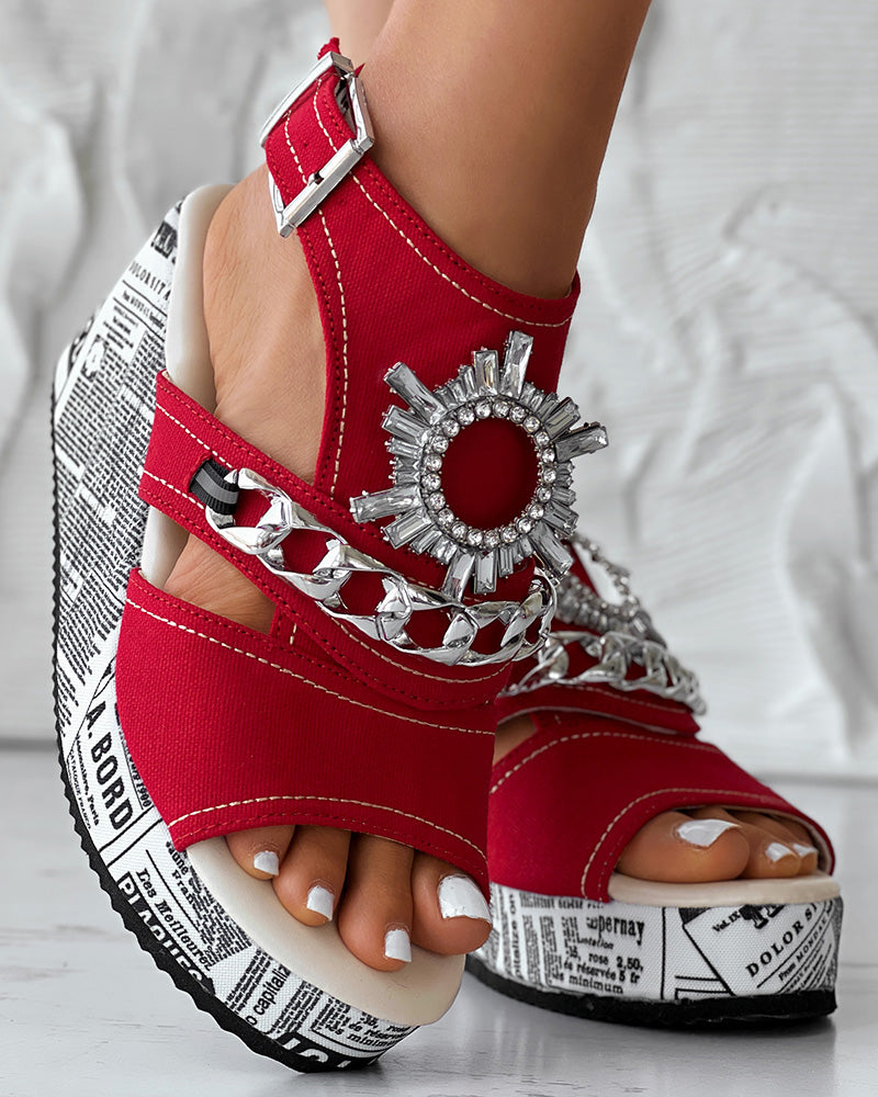Newspaper Rhinestone Gear Pattern Slingback Platform Wedge Sandals - Image 16