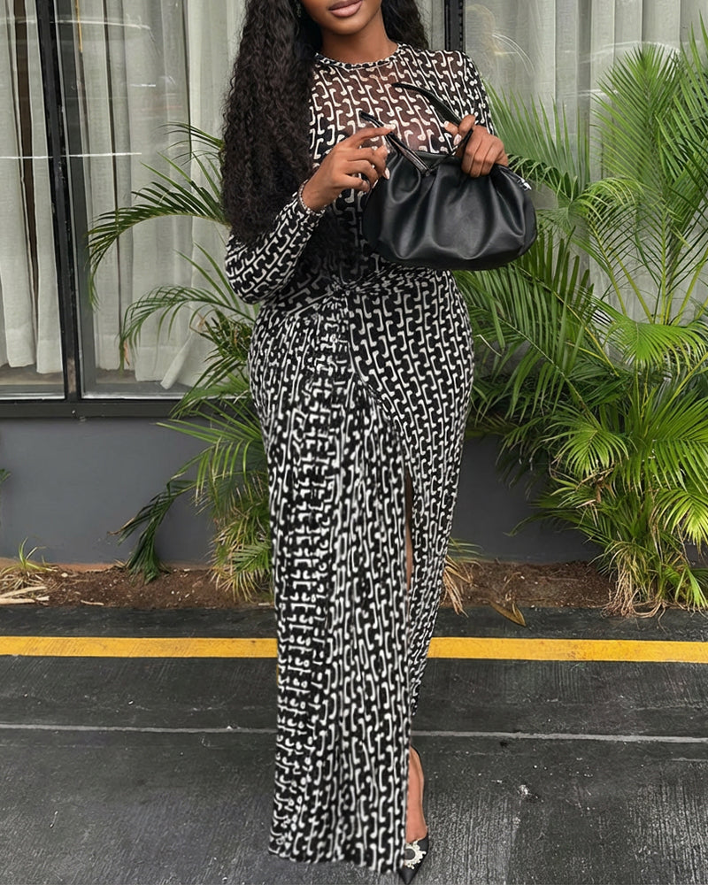 Geometric Print Long Sleeve Waist Tied Detail Maxi Dress Casual Slim Fit Slit Vacation Dress - Image 4
