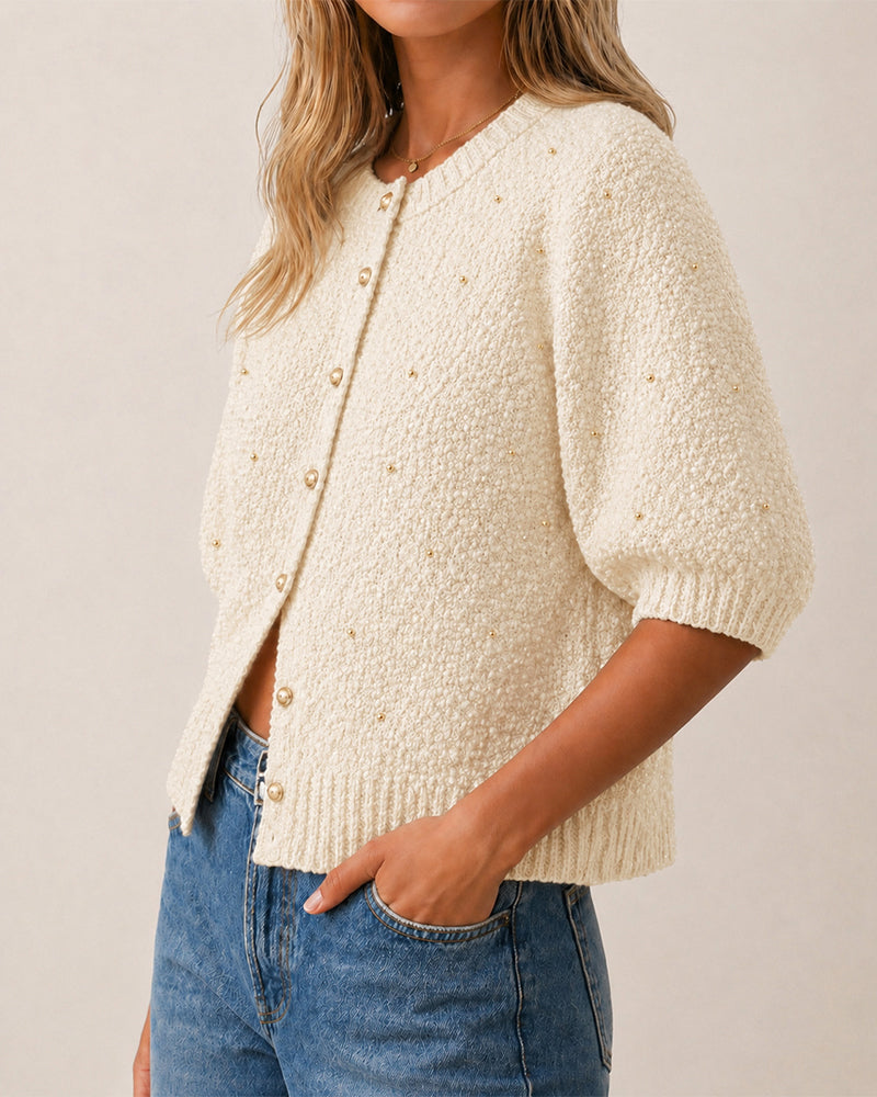 Women's Boucle Knit Cardigan Gold Beaded Puff Sleeve Sweater Crewneck Button Up Elegant Crop Outerwear - Image 6