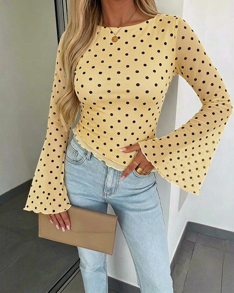Women's Polka Dot Mesh Top Flare Long Sleeve Boat Neck Lined Asymmetric Frill Hem Blouse Vintage Party Shirt - Image 14