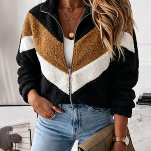 Women's Colorblock Faux Shearling Jacket Casual Zip Up Stand Collar Teddy Coat