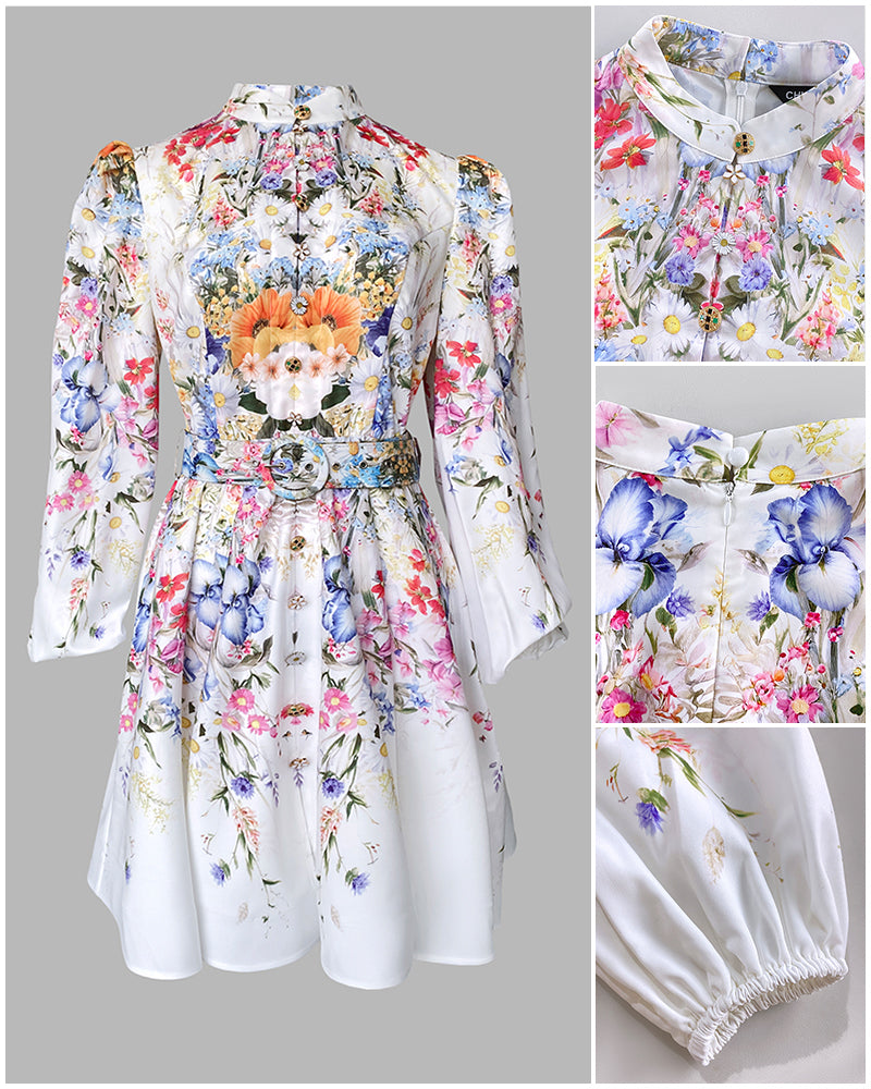 French Style Floral Print Stand Collar Lantern Sleeve Mixed-shape Button Down Dress Elegant Palace Style Cinched Waist Umbrella Hem Dress with Belt - Image 4