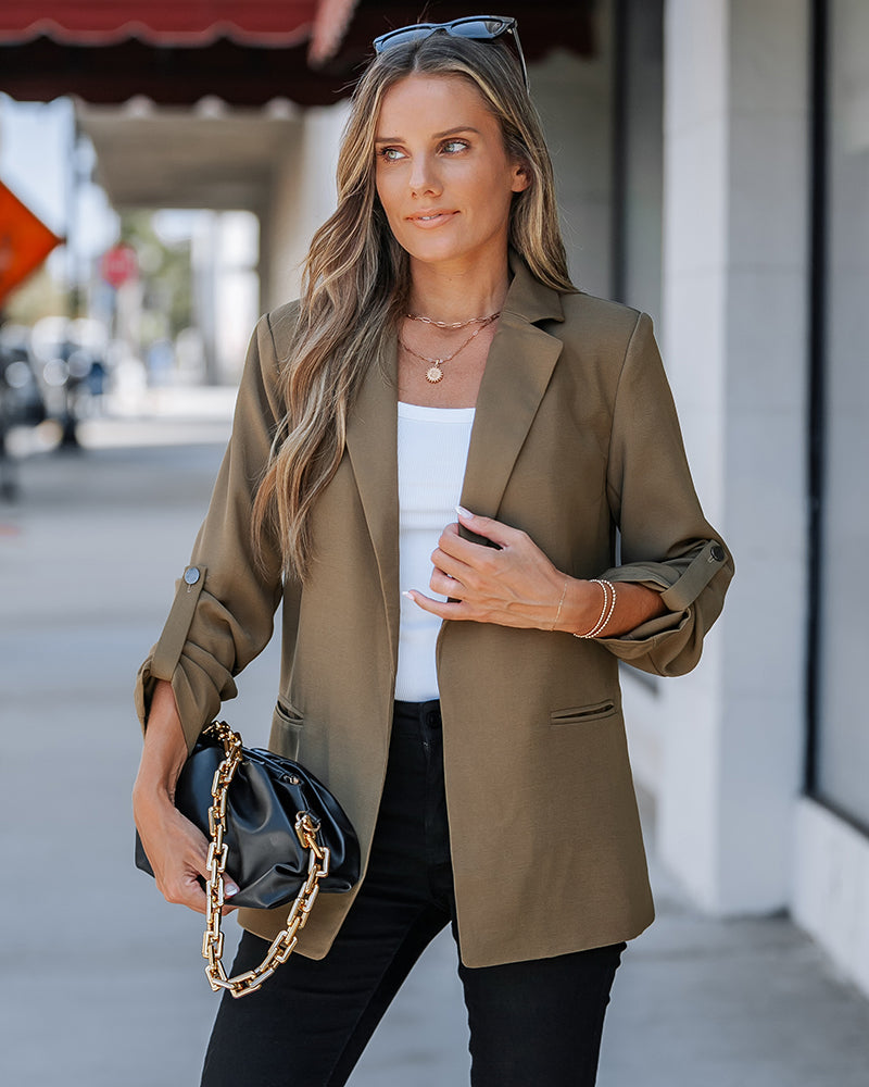 Notched Collar Roll Up Sleeve Blazer Coat - Image 17