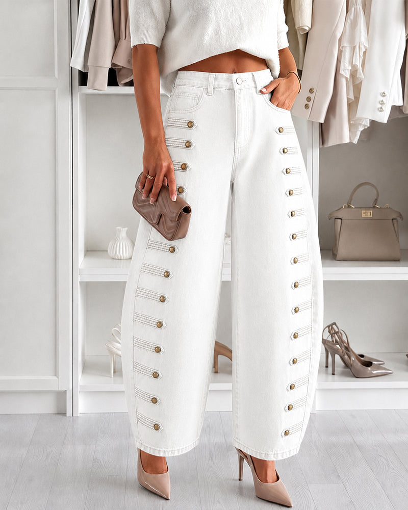 Women's Wide Leg Jeans High Waisted Side Button Denim Pants Distressed Washed Trousers Retro Y2K Streetwear - Image 29