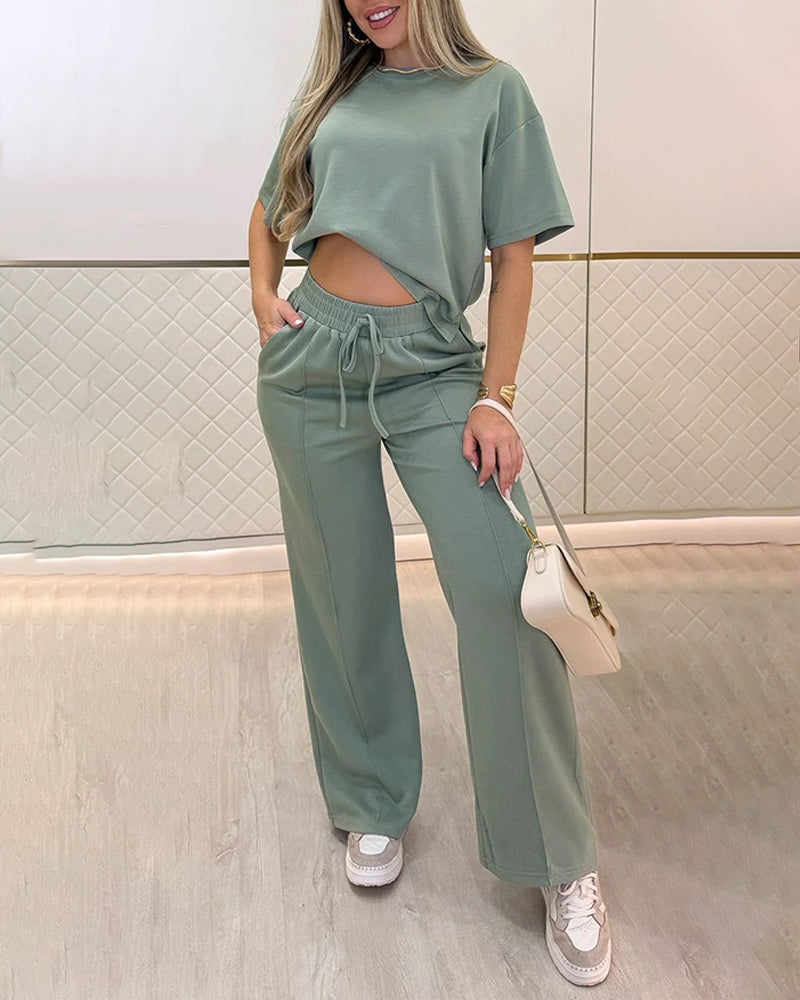 2 Pieces Outfit O-neck Short Sleeve Side Slit Top and Casual Drawstring Elastic Waist Seam Front Wide Leg Pants Set - Image 2
