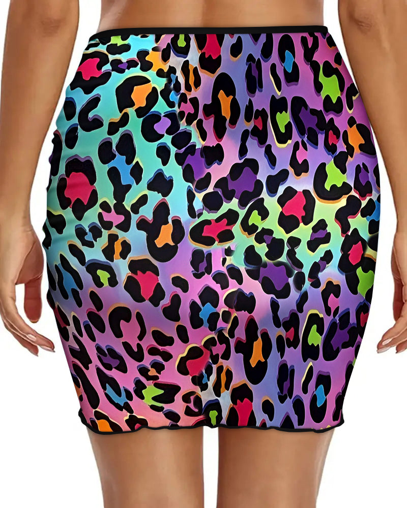 Women's Colorful Leopard Mesh Swim Skirt Side Drawstring Ruched Beach Bodycon Skirt - Image 2