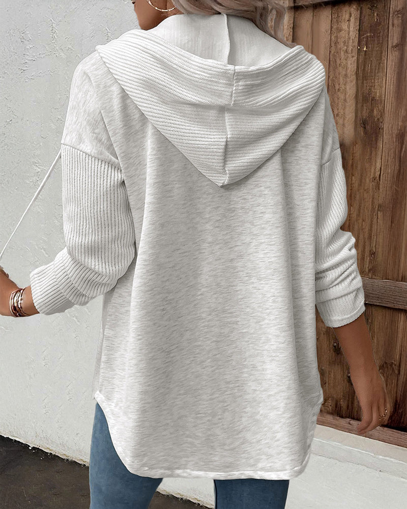 Long Sleeve Knit Ribbed Spliced Button Front Drawstring Hoodie Jacket Casual Drop Shoulder Pocket Design Asymmetrical Hem Coat - Image 2