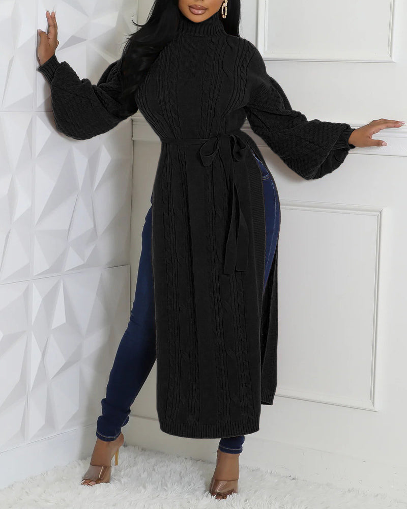 Cable Textured High Neck Lantern Sleeve Bow Tie Waist Sweater Casual High Slit Knit Longline Top - Image 8