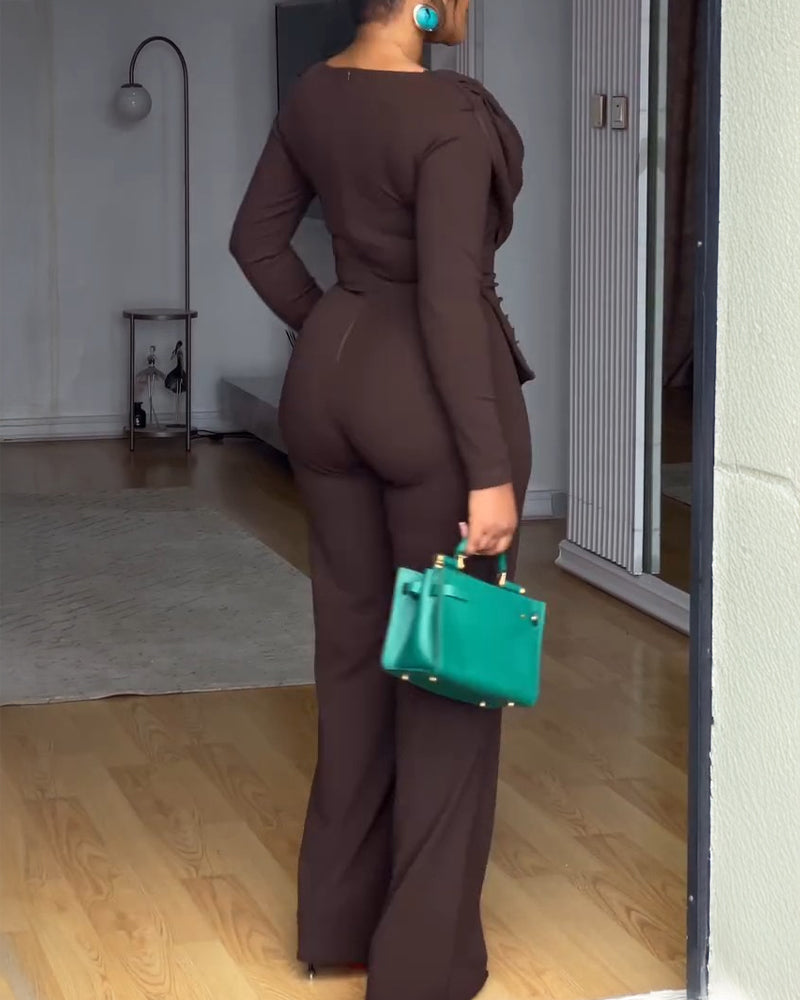 Cowl Neck Asymmetrical Textured Patchwork Cinched Waist Jumpsuit Casual Zipper Back Wide Leg Jumpsuit - Image 3
