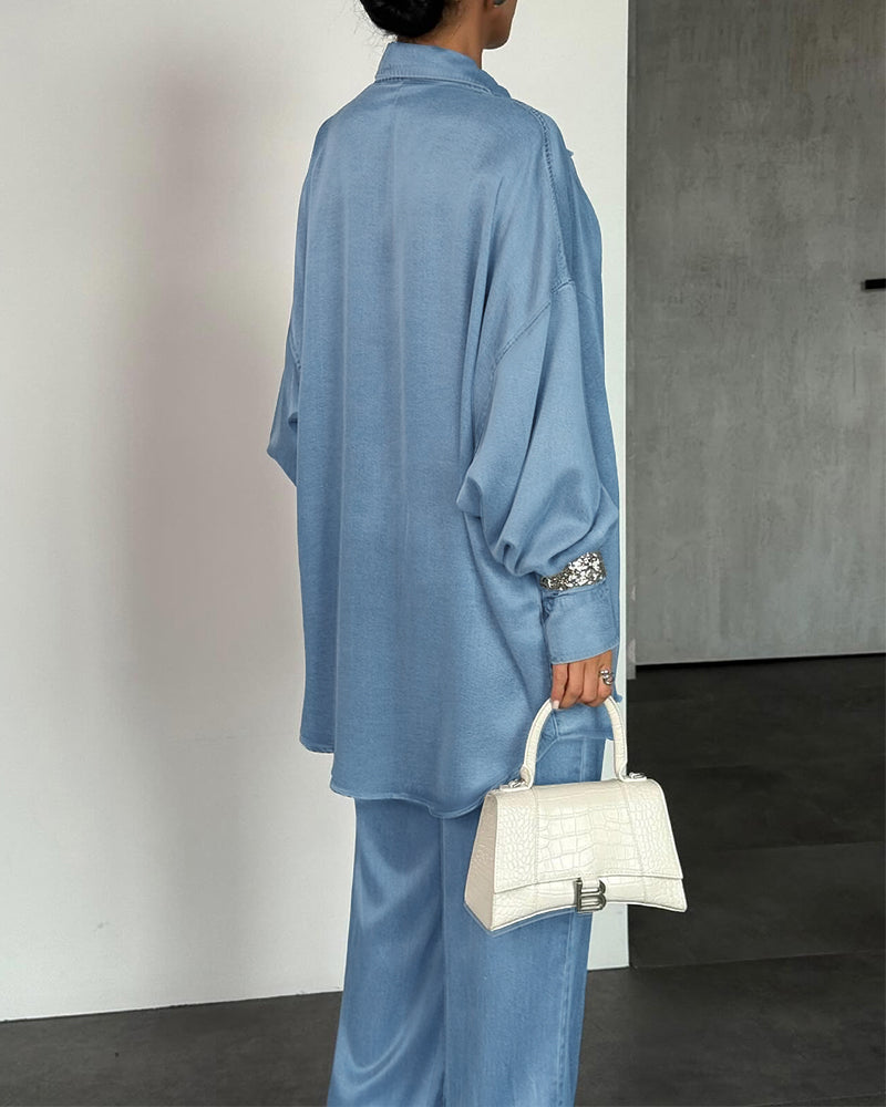 2 Pieces Outfit Turn-down Collar Long Sleeve Button Front Curved Hem Top and Drawstring Elastic Waist Pants Set - Image 2