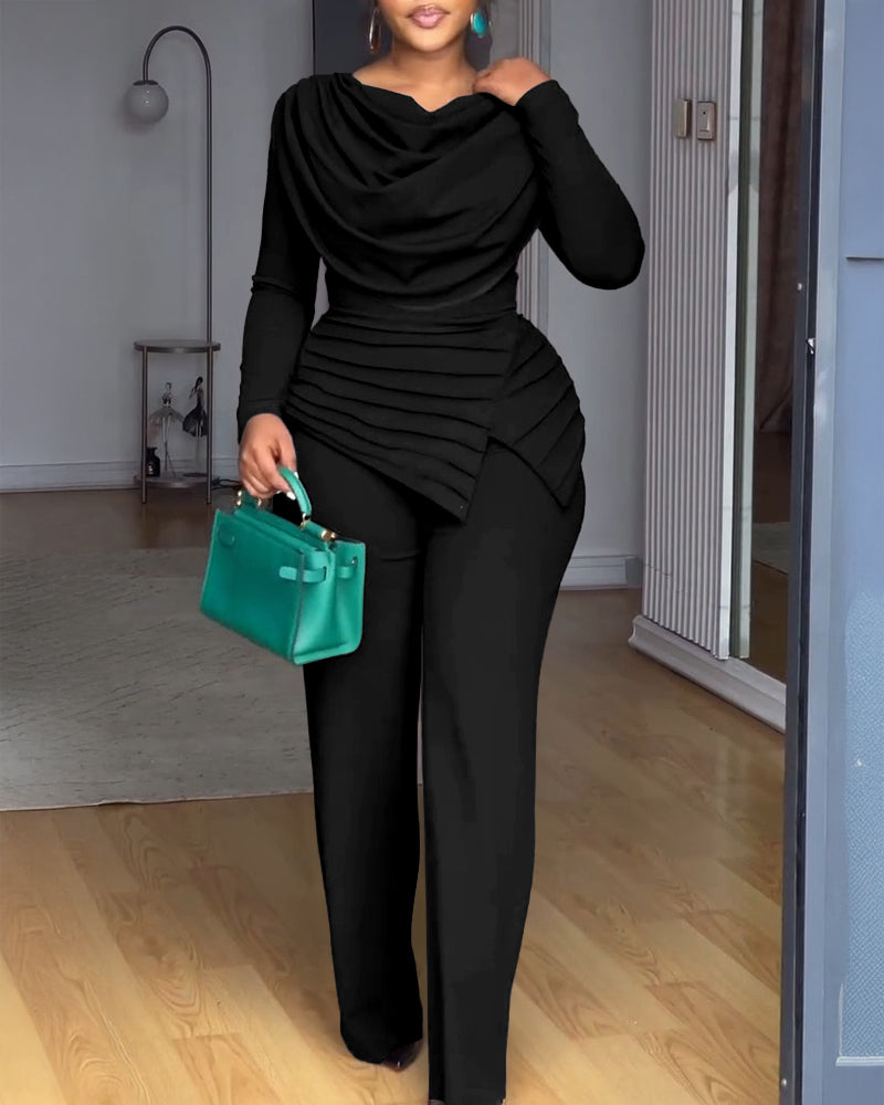 Cowl Neck Asymmetrical Textured Patchwork Cinched Waist Jumpsuit Casual Zipper Back Wide Leg Jumpsuit - Image 7