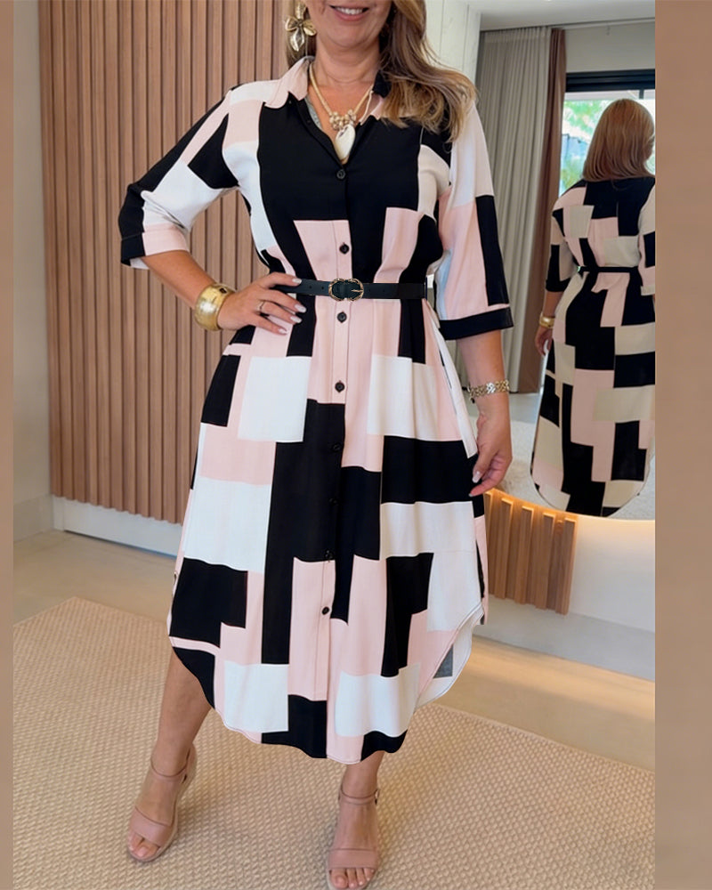 Women's Colorblock Geometric Shirt Dress Casual Three-Quarter Sleeves Asymmetrical Hem Commuting Dress with Belt - Image 4