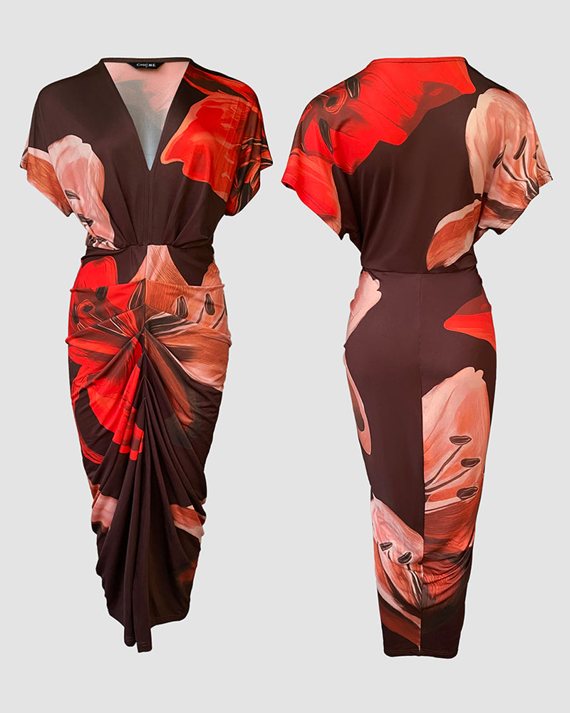 Floral Placement Print Deep V-Neck Front Slit Dress Ruched Slim Fit Vacation Dress - Image 6