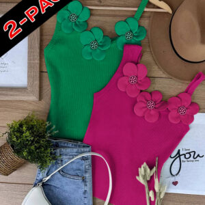 2 Pack Solid 3D Flower Tank Top Asymmetrical Neck Sleeveless Casual Ribbed Knit Camisole
