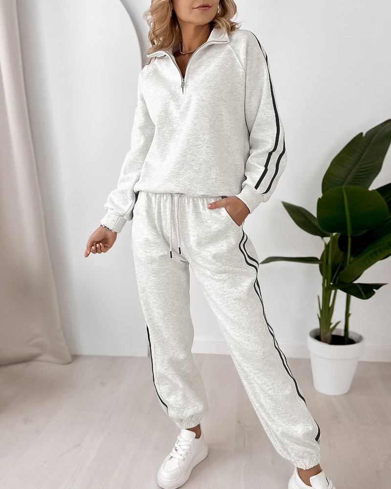 Women's Contrast Side Stripe Two Piece Sweatsuit Half Zip Sweatshirt and High Waisted Joggers Set Casual Tracksuit - Image 4