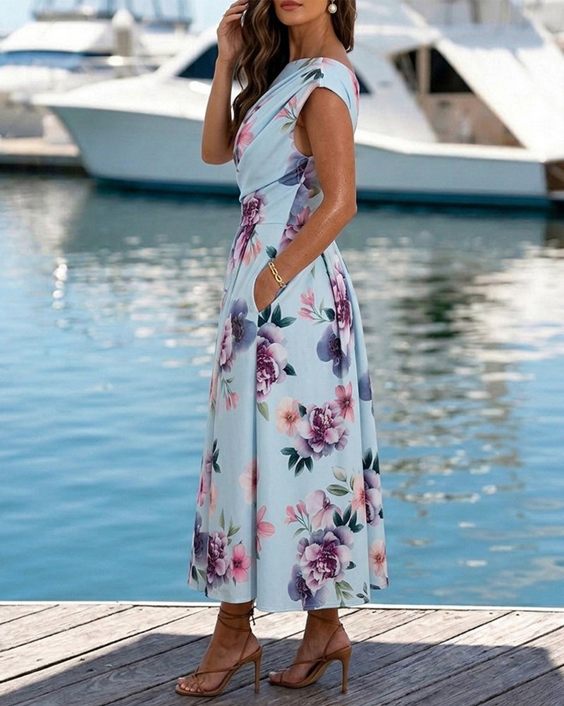 Women's Skew Neck Midi Dress Elegant Ruched Floral A-Line Dress High Waisted Vacation Dress with Pockets - Image 4