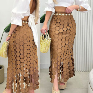 Women's Lace Tassel Trim Bodycon Skirt Hollow-Out Detail High Waist Pencil Skirt with Side Zipper
