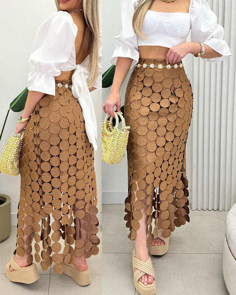 Women's Lace Tassel Trim Bodycon Skirt Hollow-Out Detail High Waist Pencil Skirt with Side Zipper