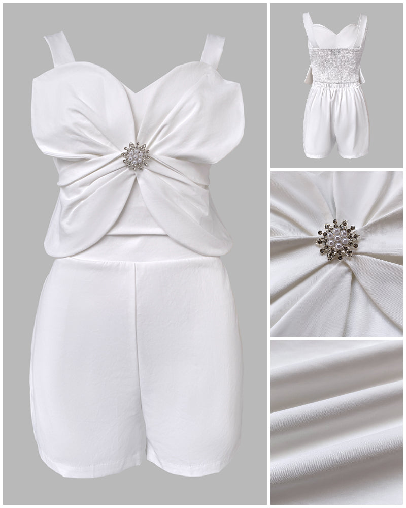 2 Pieces Outfit 3D Flower Decor Sweetheart Neck Thick Straps Shirred Back Crop Top and Casual Elastic Back Waist Shorts Set - Image 6
