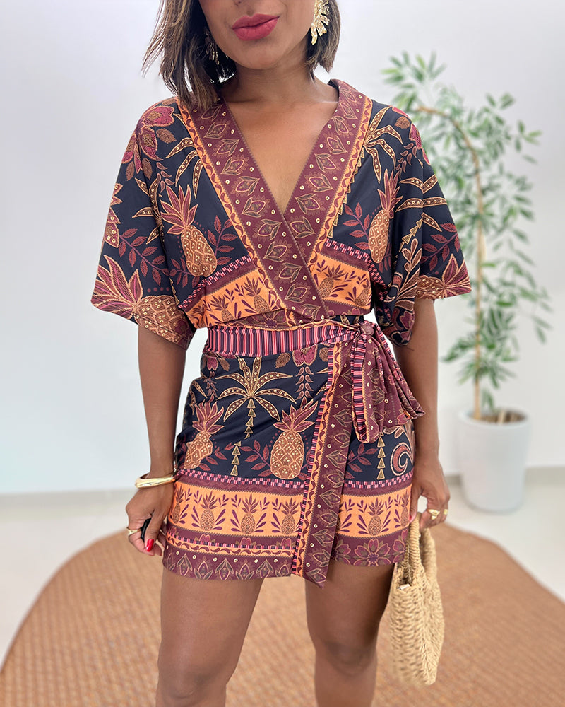 Women's Tropical Print Romper V Neck Wrap Knot Side Jumpsuit Half Sleeve Beach Vacation Summer Skorts Romper - Image 6