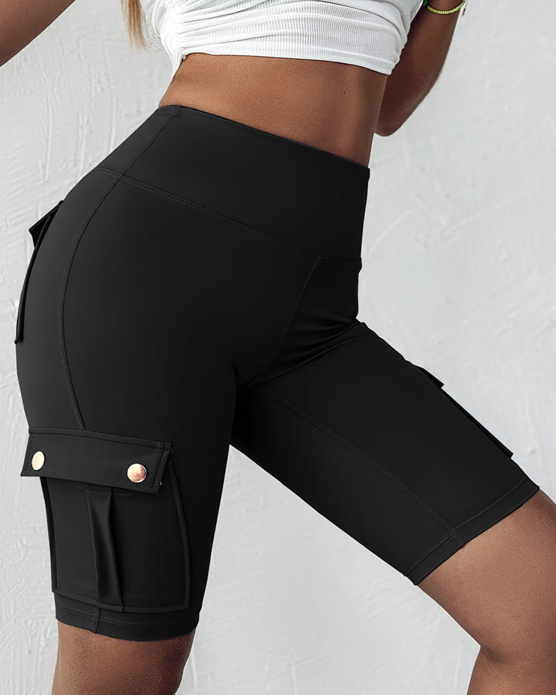 Tummy Control Butt Lifting Active Shorts High Waist Flap Pocket Workout Bermuda Cargo Running Shorts - Image 3