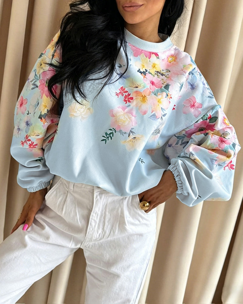 Women's Watercolor Floral Sweatshirt Casual Crewneck Pullover Lantern Sleeve Loose Fit Top - Image 4