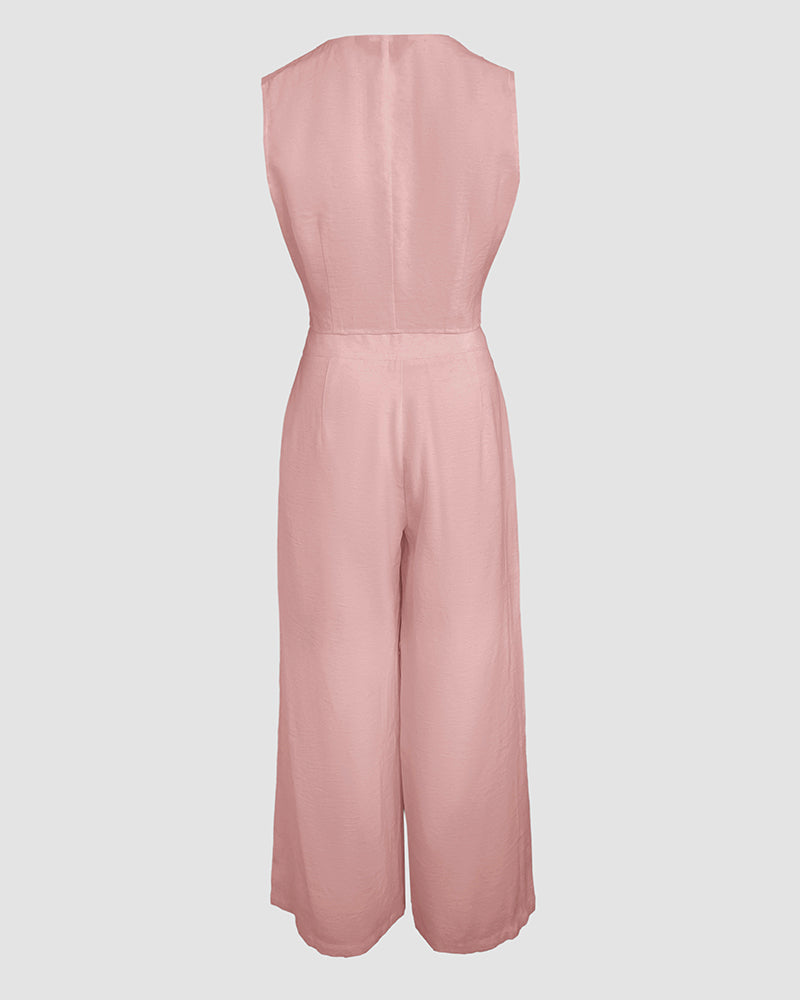 Women's Two Piece Outfits Faux Two Piece Sleeveless Crop Top and High Waisted Wide Leg Pants Elegant Matching Suit - Image 22