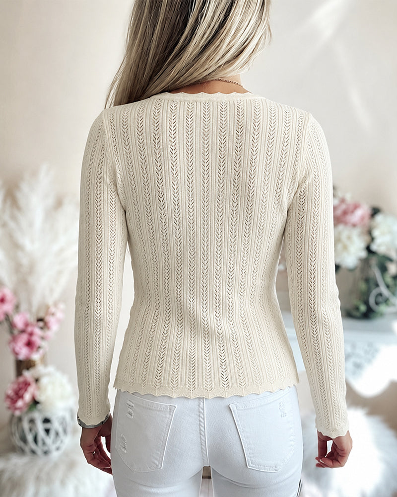 Women's Crossover V Neck Knit Top Side Button Ruched Long Sleeve Sweater Scallop Trim Slim Fit Casual Top - Image 2