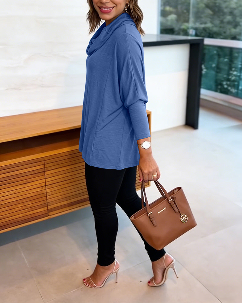 Women's Cowl Neck Batwing Sleeve Top Casual Long Sleeve Loose Pullover Comfortable Soft Drape Blouse - Image 10