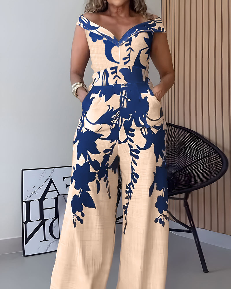Floral Print Off Shoulder Sleeveless Deep V-Neck Jumpsuit Casual Zipper Side Wide Leg Jumpsuit - Image 8