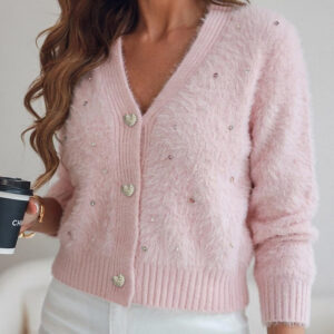 Women's Faux Mink Fur Knit Cardigan Elegant Pearl Rhinestone V Neck Sweater Crop Single Breasted Coat