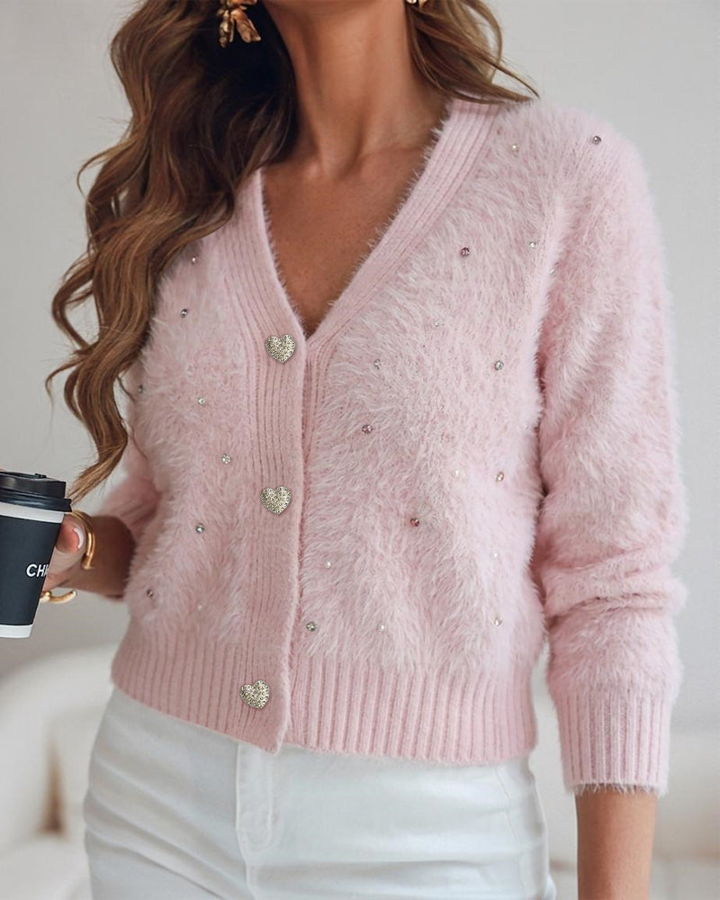 Women's Faux Mink Fur Knit Cardigan Elegant Pearl Rhinestone V Neck Sweater Crop Single Breasted Coat