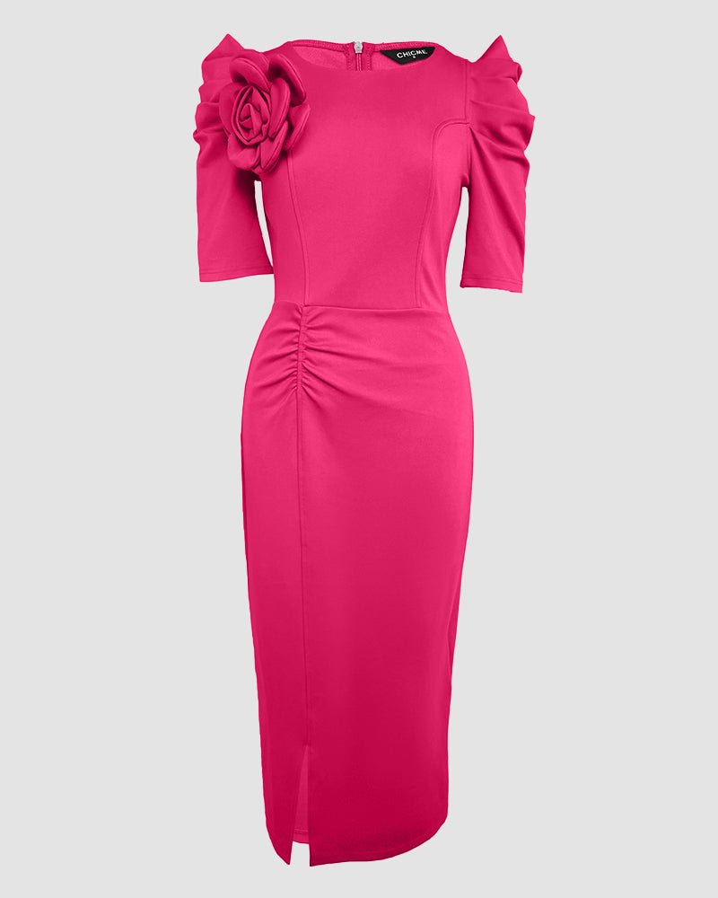 3D Flower Decor Round Neck Puff Sleeve Bodycon Dress Casual Ruched Slit Zipper Back Work Dress - Image 4