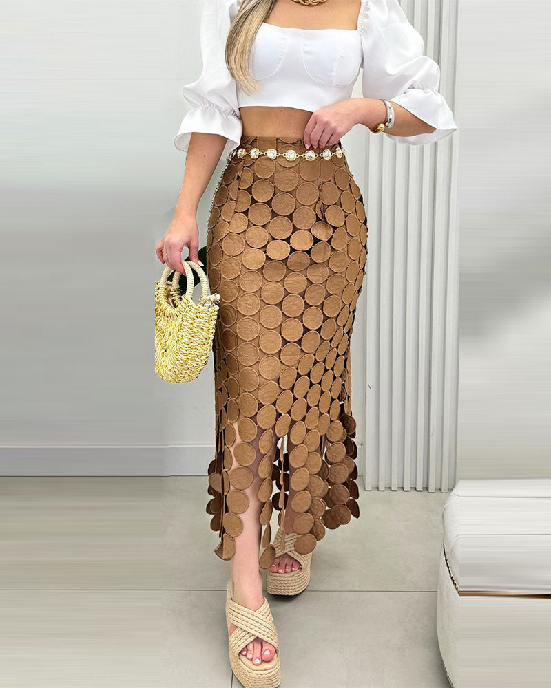 Women's Lace Tassel Trim Bodycon Skirt Hollow-Out Detail High Waist Pencil Skirt with Side Zipper - Image 2
