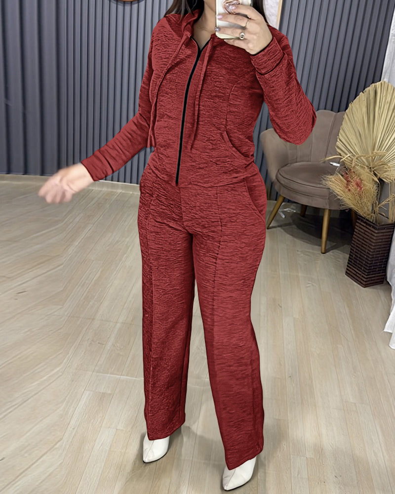 2 Pieces Outfit Long Sleeve Zip Up Drawstring Hoodie Coat and Casual Elastic Waist Seam Front Straight Leg Pants Set - Image 13