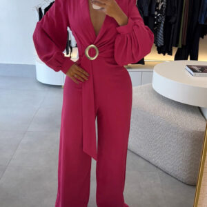 Metal Ring Decor Overlap V-Neck Lantern Sleeve Zipper Back Jumpsuit Casual Cinched Waist Wide Leg Jumpsuit