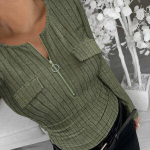 Long Sleeve Half Zip Flap Detail Ribbed Tee Slim Fit Brushed Top