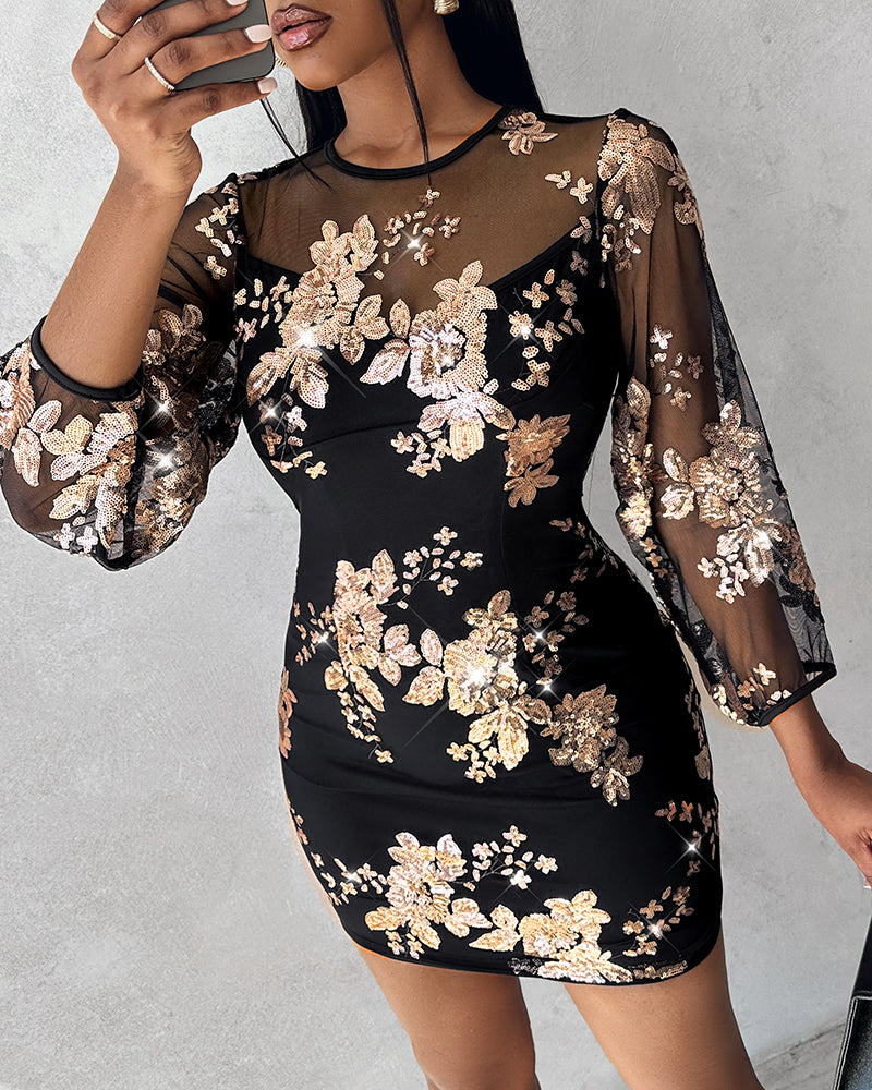 Floral Pattern Contrast Sequin Sheer Mesh Party Dress - Image 3