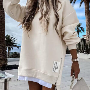 Letter Patch Detail Long Sleeve Drop Shoulder Pullover Sweatshirt Casual Zipper Side Slit Top
