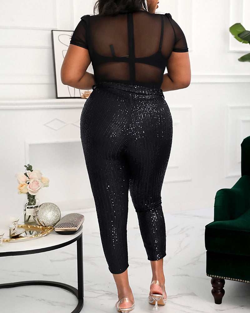 Women's Sequin Jumpsuit Sexy Deep V Neck Sheer Mesh Sleeve Overalls with Belt - Image 2