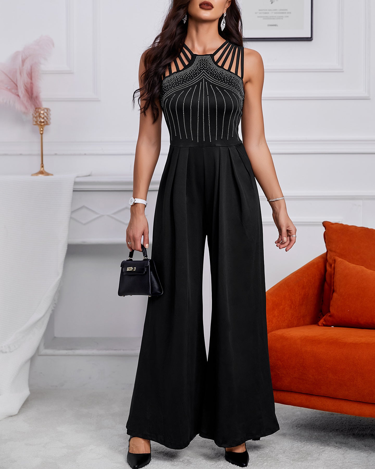 Rhinestone Decor Multi Spaghetti Straps Ruched Overalls Casual Zipper Back Wide Leg Jumpsuit - Image 8