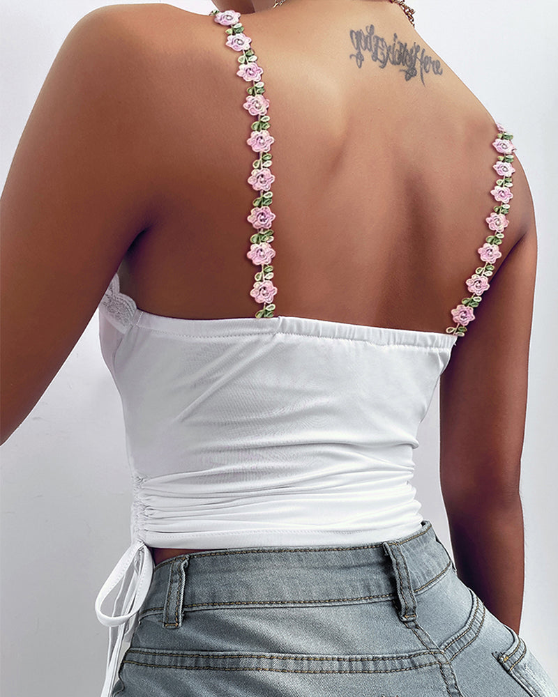 CHICME Women's Sleeveless Lace Cami Top Floral Straps Ruched Drawstring Side Backless Crop Top - Image 2