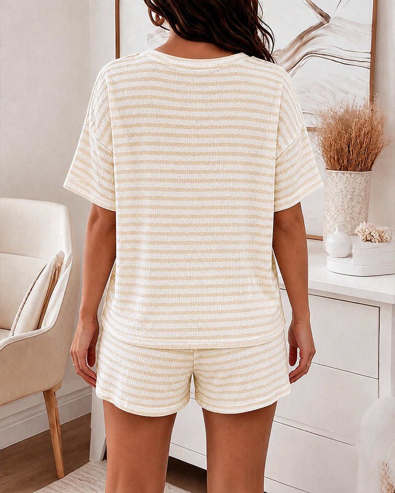 Women's 2 Piece Striped Textured Lounge Set Crewneck Short Sleeve Top and Drawstring Shorts Casual Pajamas Set - Image 2