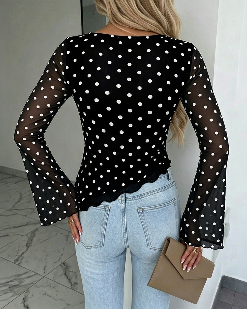 Women's Polka Dot Mesh Top Flare Long Sleeve Boat Neck Lined Asymmetric Frill Hem Blouse Vintage Party Shirt - Image 23