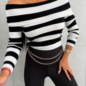 Women's Foldover Off Shoulder Striped Pullover Long Sleeve Slim Fit Knit Top