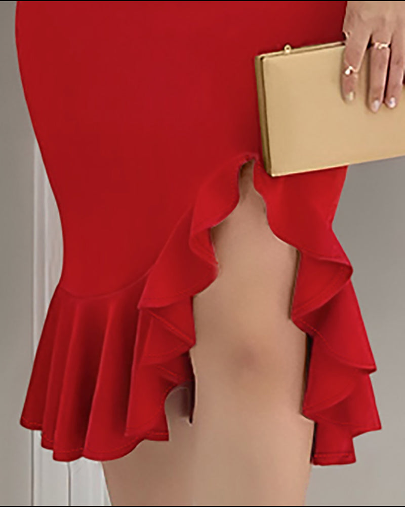 Cold Shoulder Beaded Slit Bodycon Dress Ruffle Hem Zipper Back Party Dress - Image 7