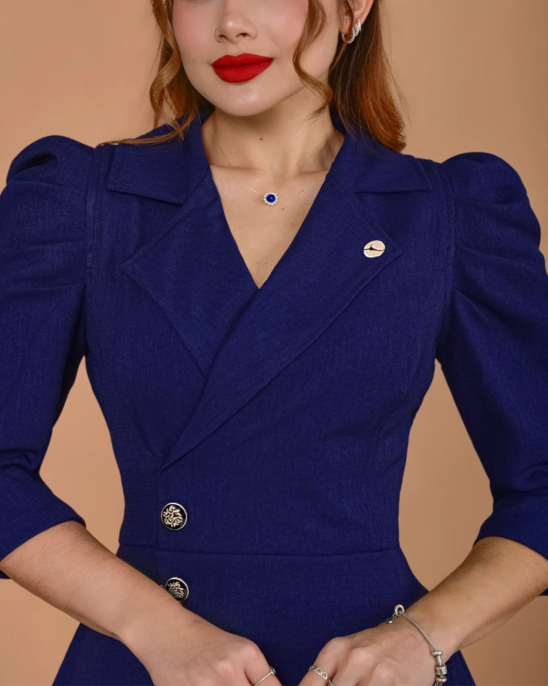 Women's Notch Lapel Blazer Dress Puff Sleeve Side Button Asymmetrical Pleated Hem A Line Work Dress - Image 5